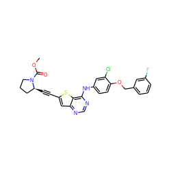 COC(=O)N1CCC[C@@H]1C#Cc1cc2ncnc(Nc3ccc(OCc4cccc(F)c4)c(Cl)c3)c2s1 ZINC000049881914