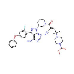 COC(=O)N1CCN(C(C)(C)/C=C(\C#N)C(=O)N2CCC[C@@H](n3nc(-c4ccc(Oc5ccccc5)cc4F)c4c(N)ncnc43)C2)CC1 ZINC000207754871