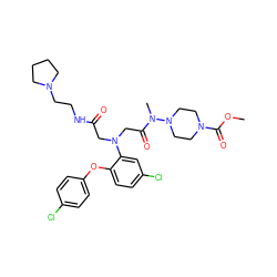 COC(=O)N1CCN(N(C)C(=O)CN(CC(=O)NCCN2CCCC2)c2cc(Cl)ccc2Oc2ccc(Cl)cc2)CC1 ZINC000299833759