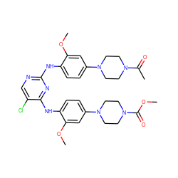 COC(=O)N1CCN(c2ccc(Nc3nc(Nc4ccc(N5CCN(C(C)=O)CC5)cc4OC)ncc3Cl)c(OC)c2)CC1 ZINC001772645313