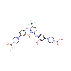 COC(=O)N1CCN(c2ccc(Nc3ncc(C(F)(F)F)c(Nc4ccc(N5CCN(C(=O)OC)CC5)cc4OC)n3)c(OC)c2)CC1 ZINC001772596112