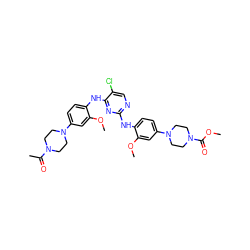 COC(=O)N1CCN(c2ccc(Nc3ncc(Cl)c(Nc4ccc(N5CCN(C(C)=O)CC5)cc4OC)n3)c(OC)c2)CC1 ZINC001772642755