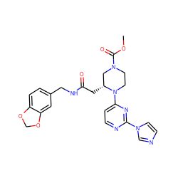 COC(=O)N1CCN(c2ccnc(-n3ccnc3)n2)[C@H](CC(=O)NCc2ccc3c(c2)OCO3)C1 ZINC000029332363