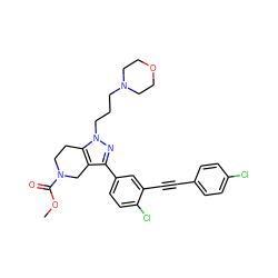 COC(=O)N1CCc2c(c(-c3ccc(Cl)c(C#Cc4ccc(Cl)cc4)c3)nn2CCCN2CCOCC2)C1 ZINC000049708823