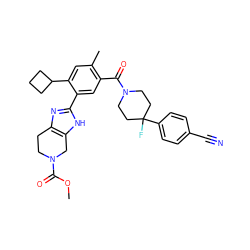 COC(=O)N1CCc2nc(-c3cc(C(=O)N4CCC(F)(c5ccc(C#N)cc5)CC4)c(C)cc3C3CCC3)[nH]c2C1 ZINC000150189500