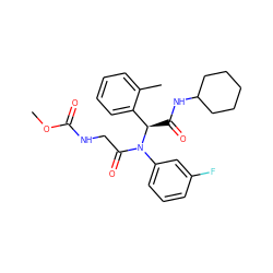 COC(=O)NCC(=O)N(c1cccc(F)c1)[C@H](C(=O)NC1CCCCC1)c1ccccc1C ZINC000199415771