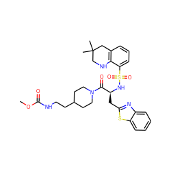 COC(=O)NCCC1CCN(C(=O)[C@H](Cc2nc3ccccc3s2)NS(=O)(=O)c2cccc3c2NCC(C)(C)C3)CC1 ZINC000028761068