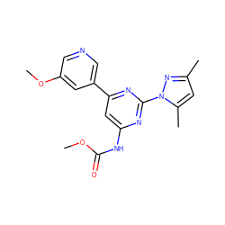 COC(=O)Nc1cc(-c2cncc(OC)c2)nc(-n2nc(C)cc2C)n1 ZINC000042878097