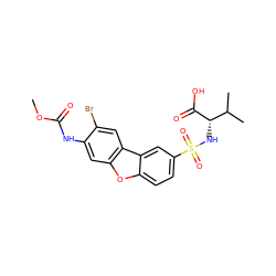 COC(=O)Nc1cc2oc3ccc(S(=O)(=O)N[C@H](C(=O)O)C(C)C)cc3c2cc1Br ZINC000040952496