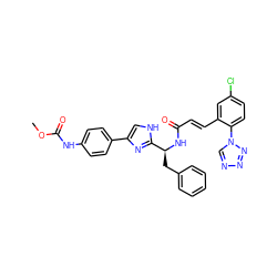 COC(=O)Nc1ccc(-c2c[nH]c([C@H](Cc3ccccc3)NC(=O)/C=C/c3cc(Cl)ccc3-n3cnnn3)n2)cc1 ZINC000115469270