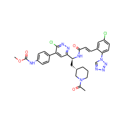 COC(=O)Nc1ccc(-c2cc([C@H](C[C@@H]3CCCN(C(C)=O)C3)NC(=O)/C=C/c3cc(Cl)ccc3-n3cnnn3)nnc2Cl)cc1 ZINC000164430877