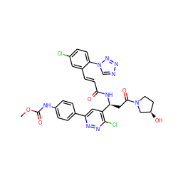 COC(=O)Nc1ccc(-c2cc([C@H](CC(=O)N3CC[C@@H](O)C3)NC(=O)/C=C/c3cc(Cl)ccc3-n3cnnn3)c(Cl)nn2)cc1 ZINC000164401683