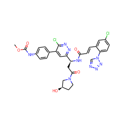 COC(=O)Nc1ccc(-c2cc([C@H](CC(=O)N3CC[C@@H](O)C3)NC(=O)/C=C/c3cc(Cl)ccc3-n3cnnn3)nnc2Cl)cc1 ZINC000164458220