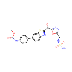 COC(=O)Nc1ccc(-c2ccc3nc(C(=O)c4nnc(CNS(N)(=O)=O)o4)sc3c2)cc1 ZINC001772651931