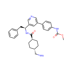 COC(=O)Nc1ccc(-c2cncc([C@H](Cc3ccccc3)NC(=O)[C@H]3CC[C@H](CN)CC3)c2)cc1 ZINC000653731228