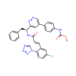 COC(=O)Nc1ccc(-c2cnnc([C@H](Cc3ccccc3)NC(=O)/C=C/c3cc(Cl)ccc3-n3cnnn3)c2)cc1 ZINC000113916879