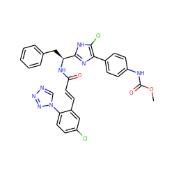 COC(=O)Nc1ccc(-c2nc([C@H](Cc3ccccc3)NC(=O)/C=C/c3cc(Cl)ccc3-n3cnnn3)[nH]c2Cl)cc1 ZINC000115473770