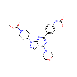 COC(=O)Nc1ccc(-c2nc(N3CCOCC3)c3cnn(C4CCN(C(=O)OC)CC4)c3n2)cc1 ZINC000043013490