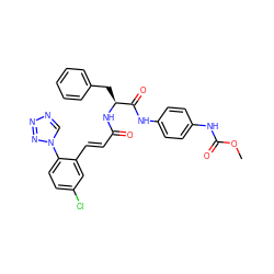 COC(=O)Nc1ccc(NC(=O)[C@H](Cc2ccccc2)NC(=O)/C=C/c2cc(Cl)ccc2-n2cnnn2)cc1 ZINC000147362833