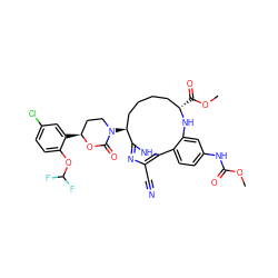 COC(=O)Nc1ccc2c(c1)N[C@@H](C(=O)OC)CCCC[C@H](N1CC[C@H](c3cc(Cl)ccc3OC(F)F)OC1=O)c1nc(C#N)c-2[nH]1 ZINC000223870884