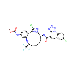 COC(=O)Nc1ccc2c(c1)N[C@H](C(F)(F)F)CCCC[C@H](NC(=O)/C=C/c1cc(Cl)ccc1-n1cnnn1)c1nc-2c(Cl)[nH]1 ZINC000203918215