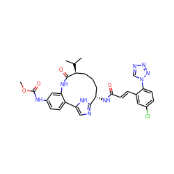 COC(=O)Nc1ccc2c(c1)NC(=O)[C@@H](C(C)C)CCC[C@H](NC(=O)/C=C/c1cc(Cl)ccc1-n1cnnn1)c1ncc-2[nH]1 ZINC001772655300