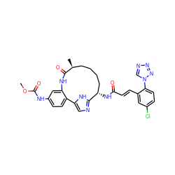 COC(=O)Nc1ccc2c(c1)NC(=O)[C@@H](C)CCCC[C@H](NC(=O)/C=C/c1cc(Cl)ccc1-n1cnnn1)c1ncc-2[nH]1 ZINC001772586562