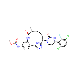 COC(=O)Nc1ccc2c(c1)NC(=O)[C@H](C)CCC[C@H](N1CC[C@H](c3c(Cl)ccc(Cl)c3F)NC1=O)c1ncc-2[nH]1 ZINC000205446489