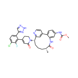 COC(=O)Nc1ccc2c(c1)NC(=O)[C@H](C)CCC[C@H](N1CCC(c3c(-c4cn[nH]n4)ccc(Cl)c3F)=CC1=O)c1cc-2ccn1 ZINC000220115279