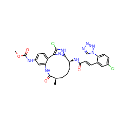 COC(=O)Nc1ccc2c(c1)NC(=O)[C@H](C)CCC[C@H](NC(=O)/C=C/c1cc(Cl)ccc1-n1cnnn1)c1nc-2c(Cl)[nH]1 ZINC001772626992