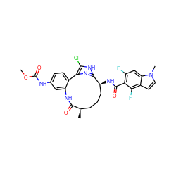 COC(=O)Nc1ccc2c(c1)NC(=O)[C@H](C)CCC[C@H](NC(=O)c1c(F)cc3c(ccn3C)c1F)c1nc-2c(Cl)[nH]1 ZINC000230573216