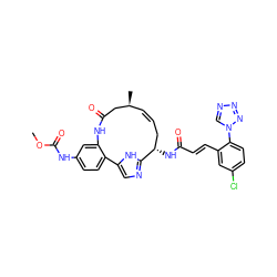 COC(=O)Nc1ccc2c(c1)NC(=O)C[C@@H](C)/C=C/C[C@H](NC(=O)/C=C/c1cc(Cl)ccc1-n1cnnn1)c1ncc-2[nH]1 ZINC001772579687