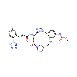 COC(=O)Nc1ccc2c(c1)NC[C@@H]1CCN(C1)C(=O)C[C@H](NC(=O)/C=C/c1cc(Cl)ccc1-n1cnnn1)c1ncc-2[nH]1 ZINC000222146705