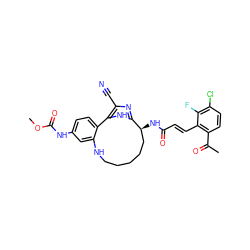 COC(=O)Nc1ccc2c(c1)NCCCCC[C@H](NC(=O)/C=C/c1c(C(C)=O)ccc(Cl)c1F)c1nc(C#N)c-2[nH]1 ZINC000230572628