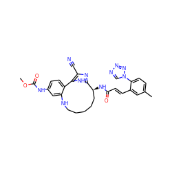 COC(=O)Nc1ccc2c(c1)NCCCCC[C@H](NC(=O)/C=C/c1cc(C)ccc1-n1cnnn1)c1nc(C#N)c-2[nH]1 ZINC000203915966