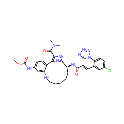 COC(=O)Nc1ccc2c(c1)NCCCCC[C@H](NC(=O)/C=C/c1cc(Cl)ccc1-n1cnnn1)c1nc-2c(C(=O)N(C)C)[nH]1 ZINC000203929792