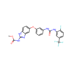 COC(=O)Nc1nc2cc(Oc3cccc(NC(=O)Nc4cc(C(F)(F)F)ccc4F)c3)ccc2[nH]1 ZINC000014965527