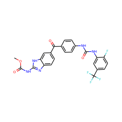 COC(=O)Nc1nc2ccc(C(=O)c3ccc(NC(=O)Nc4cc(C(F)(F)F)ccc4F)cc3)cc2[nH]1 ZINC000014965559