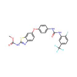 COC(=O)Nc1nc2ccc(Oc3ccc(NC(=O)Nc4cc(C(F)(F)F)ccc4F)cc3)cc2s1 ZINC000014965573