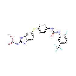 COC(=O)Nc1nc2ccc(Sc3ccc(NC(=O)Nc4cc(C(F)(F)F)ccc4F)cc3)cc2[nH]1 ZINC000014965543