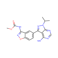 COC(=O)Nc1noc2ccc(-c3nn(C(C)C)c4ncnc(N)c34)cc12 ZINC000142471141