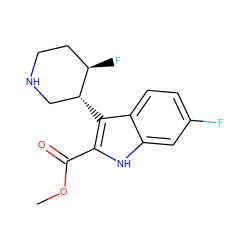 COC(=O)c1[nH]c2cc(F)ccc2c1[C@@H]1CNCC[C@H]1F ZINC000013862748