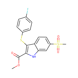 COC(=O)c1[nH]c2cc(S(C)(=O)=O)ccc2c1Sc1ccc(F)cc1 ZINC000028377826