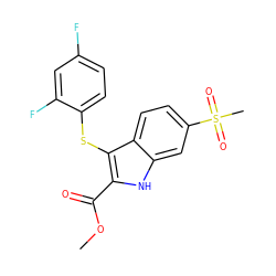 COC(=O)c1[nH]c2cc(S(C)(=O)=O)ccc2c1Sc1ccc(F)cc1F ZINC000028380189