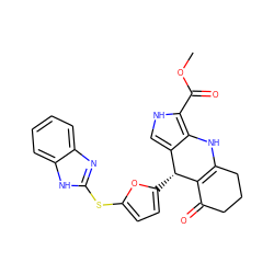 COC(=O)c1[nH]cc2c1NC1=C(C(=O)CCC1)[C@@H]2c1ccc(Sc2nc3ccccc3[nH]2)o1 ZINC000299868530