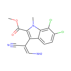 COC(=O)c1c(/C(C#N)=C\N)c2ccc(Cl)c(Cl)c2n1C ZINC001772643376