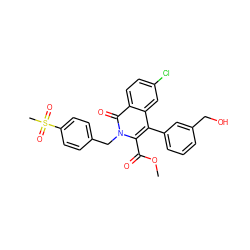 COC(=O)c1c(-c2cccc(CO)c2)c2cc(Cl)ccc2c(=O)n1Cc1ccc(S(C)(=O)=O)cc1 ZINC000029063489