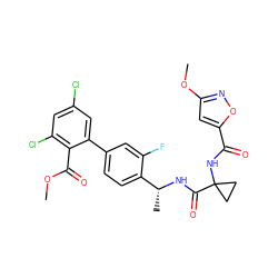 COC(=O)c1c(Cl)cc(Cl)cc1-c1ccc([C@@H](C)NC(=O)C2(NC(=O)c3cc(OC)no3)CC2)c(F)c1 ZINC000029128552