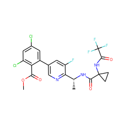 COC(=O)c1c(Cl)cc(Cl)cc1-c1cnc([C@@H](C)NC(=O)C2(NC(=O)C(F)(F)F)CC2)c(F)c1 ZINC000028822451