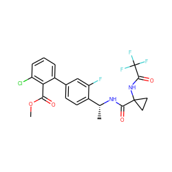 COC(=O)c1c(Cl)cccc1-c1ccc([C@@H](C)NC(=O)C2(NC(=O)C(F)(F)F)CC2)c(F)c1 ZINC000028822397